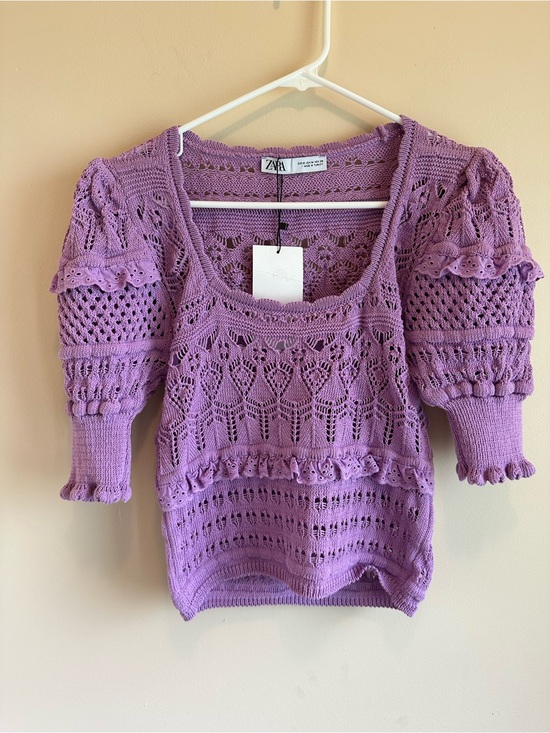 Zara Tops - NWT Women’s M Zara Pointelle Knit Crochet Crop Sweater Purple Puff Sleeves